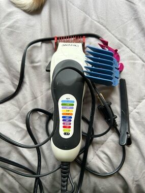 Wahl White and Black Corded Hair Clipper with Blue and Pink Guards